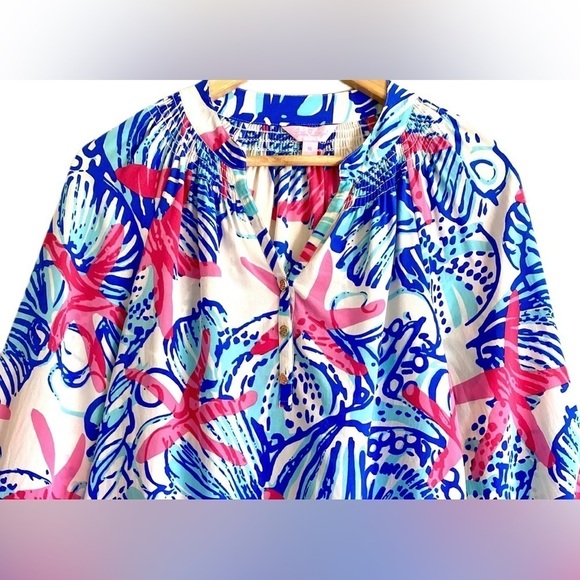 LILLY PULITZER 100% Silk Preppy Vibrant Colorful Lightweight Seashell Blouse XS - Picture 2 of 10